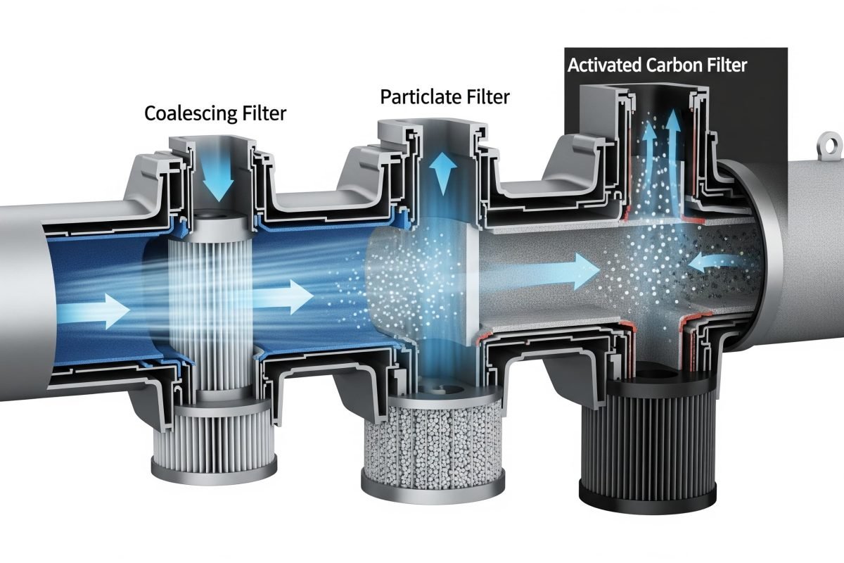 A multi-stage pneumatic air filter system, including an activated carbon stage, designed to provide safe, breathable air for personnel.