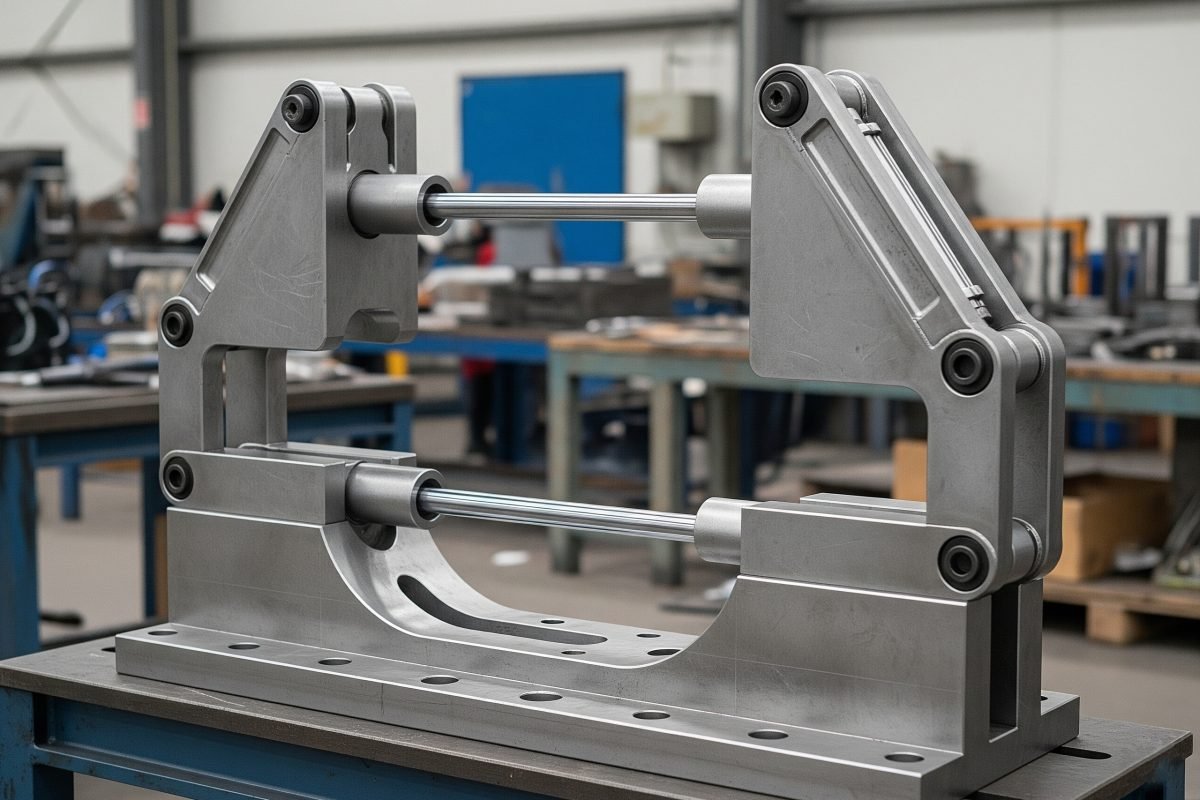 Double rod cylinders in a clamping fixture applying balanced force from two sides to securely hold a workpiece during machining or assembly.