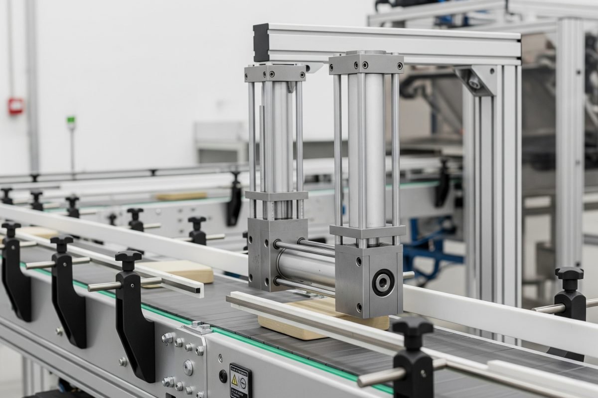 Double rod cylinders providing enhanced stability for diverting, stopping, or positioning items on an industrial conveyor belt system.
