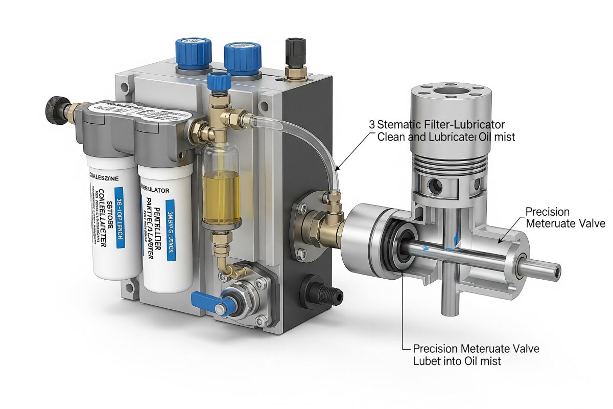 A pneumatic filter-lubricator unit providing clean and lubricated air with oil mist to a cylinder actuation system, ensuring optimal performance and longevity.