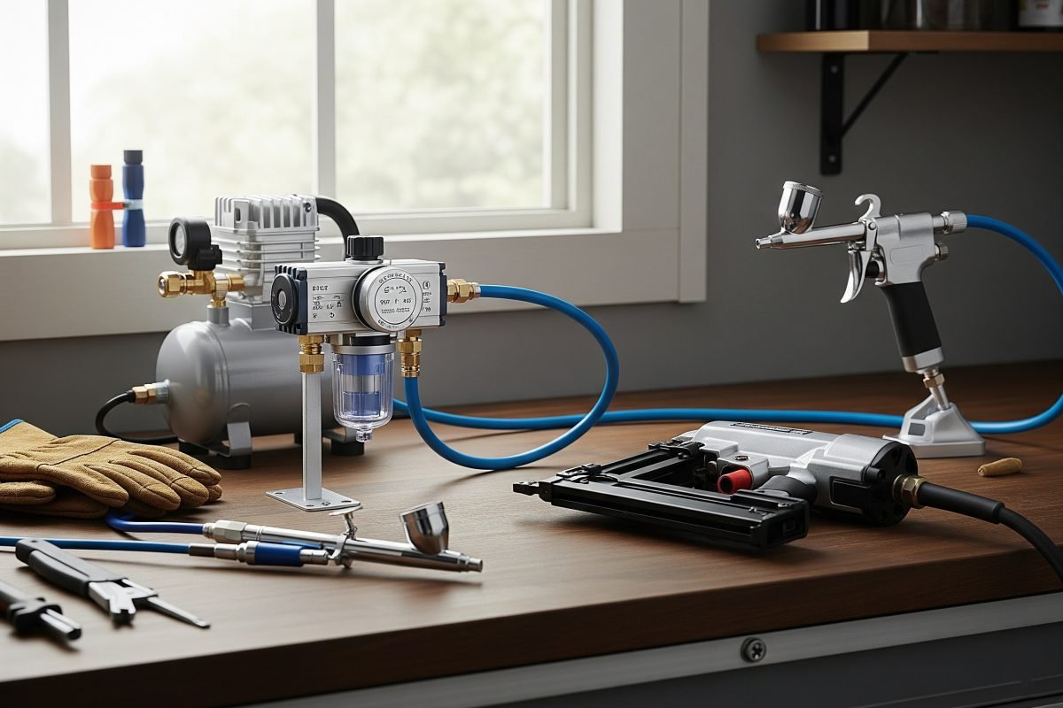 Un filtre-régulateur pneumatique compact, une unité essentielle pour les ateliers domestiques utilisant des compresseurs plus petits et fournissant de l'air propre pour les outils pneumatiques des amateurs.