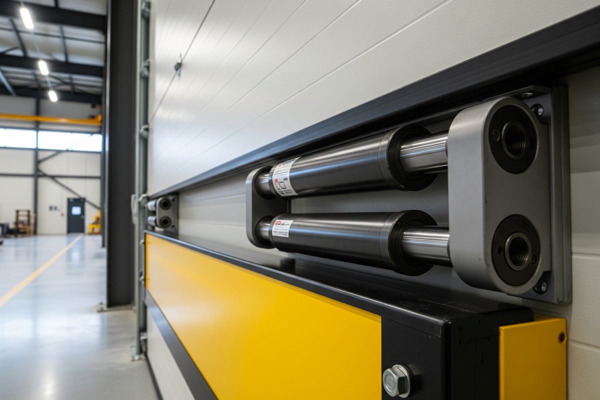 Cilindros de doble vástago que proporcionan un movimiento suave y controlado para una puerta, compuerta o escotilla industrial automatizada.