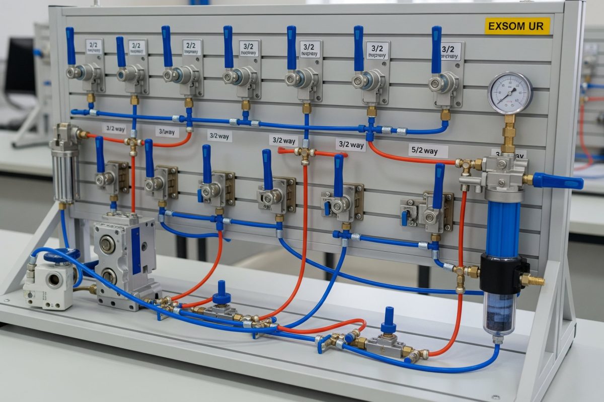 Ručni ventili na edukativnom sistemu za obuku, koriste se za demonstraciju osnovnih pneumatskih principa i izradu jednostavnih upravljačkih kola.