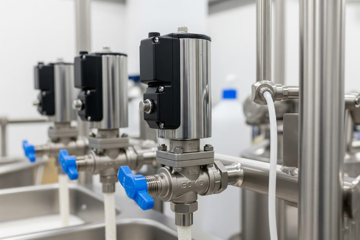 Higijenski solenoidni ventili za tekućine, izrađeni od materijala prehrambene kvalitete, koji kontroliraju protok sastojaka i sredstava za čišćenje u pogonu za preradu hrane i pića.