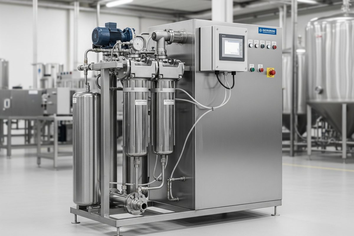 Hygienic pneumatic air filters providing oil-free air for direct contact with food and for packaging processes in the food and beverage industry.