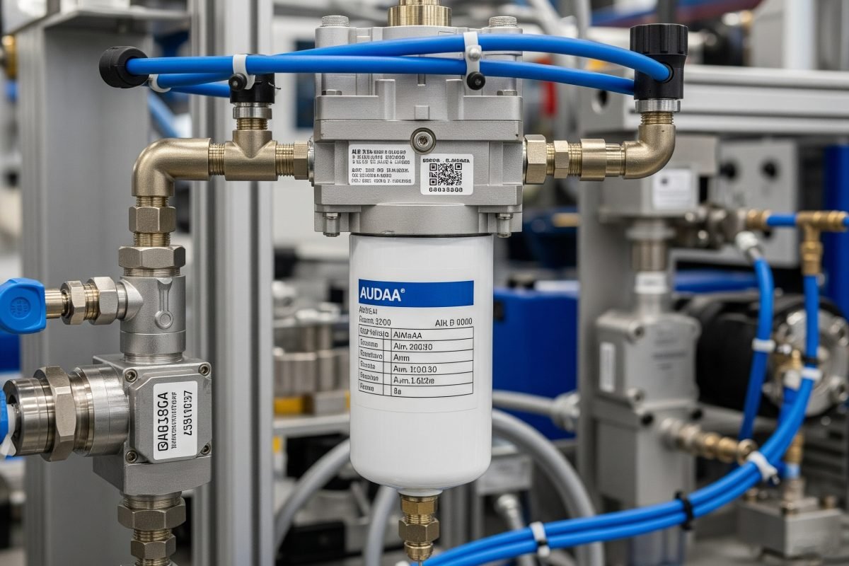 An air filter installed in a general pneumatic system, protecting downstream cylinders, valves, and tools in standard industrial automation and machinery.