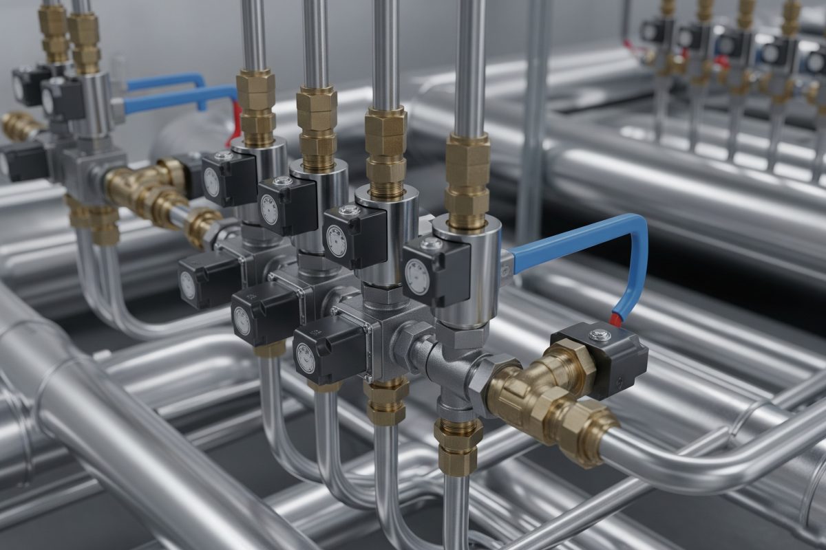 Fluidni solenoidni ventili koji kontroliraju protok rashladnih sredstava, ohlađene vode ili tople vode unutar industrijskog HVAC i rashladnog sistema.