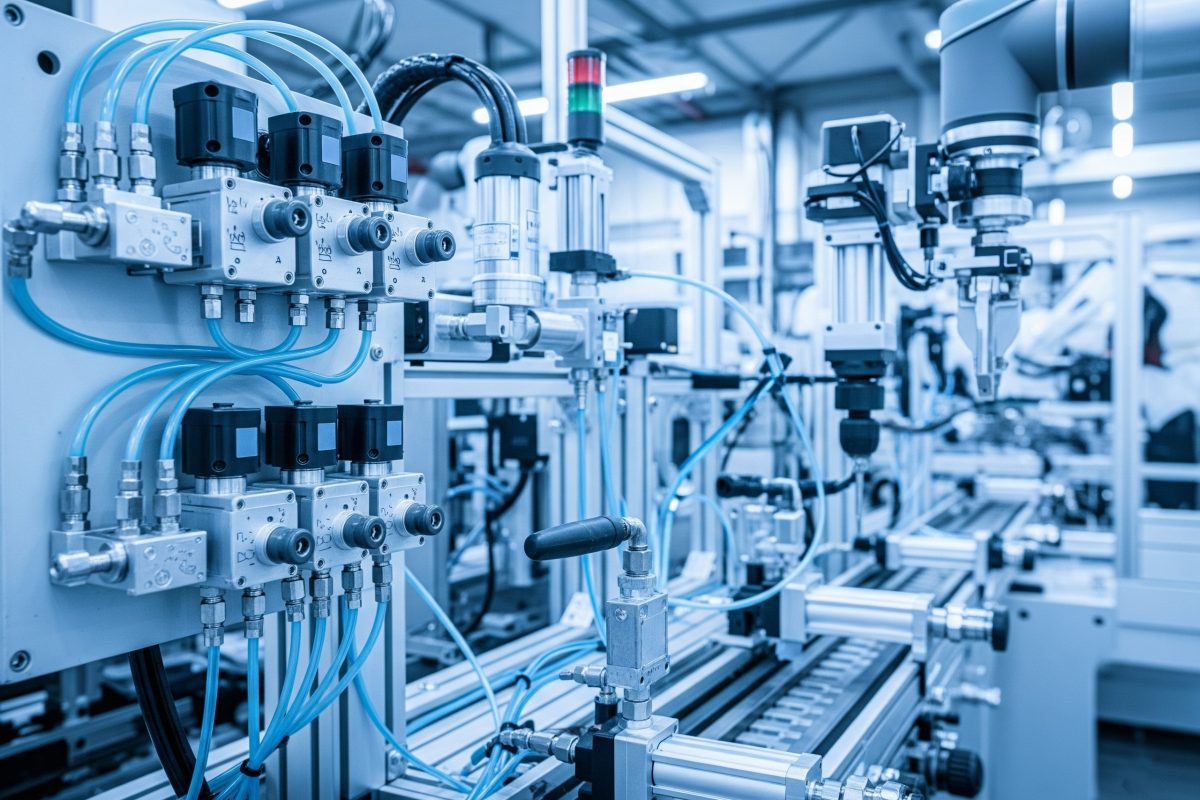 Solenoidni ventili u okruženju industrijske automatizacije, kojima se upravlja protokom zraka za pokretanje pneumatskih cilindara i upravljanje alatima na automatiziranim mašinama.