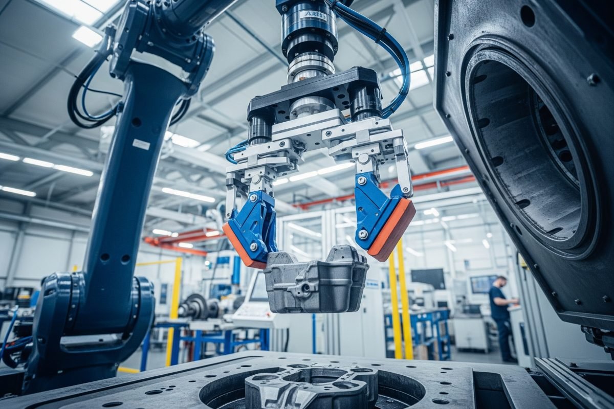 Pneumatic gripper on a robotic arm efficiently extracting a freshly molded part from an injection molding or die casting machine in a factory setting.