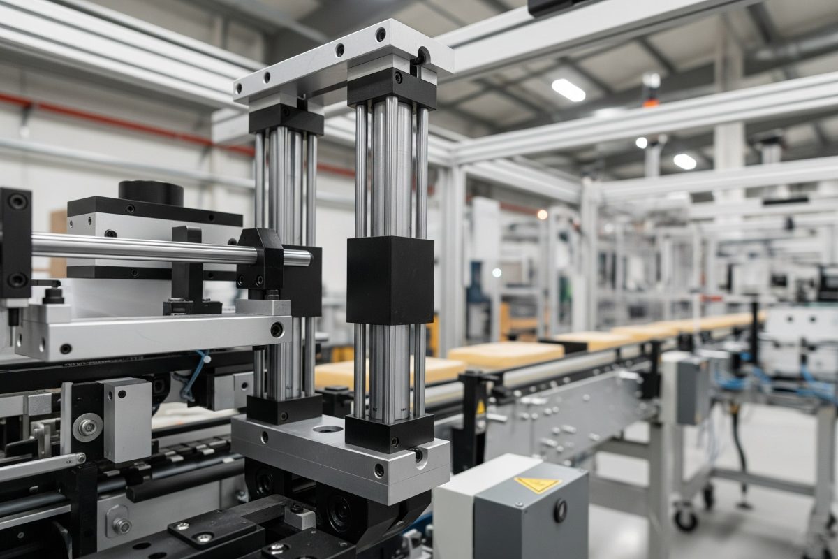 Cilindros de doble vástago que garantizan un movimiento preciso y no giratorio para un aplicador o cabezal de impresión en una máquina industrial de etiquetado o impresión.