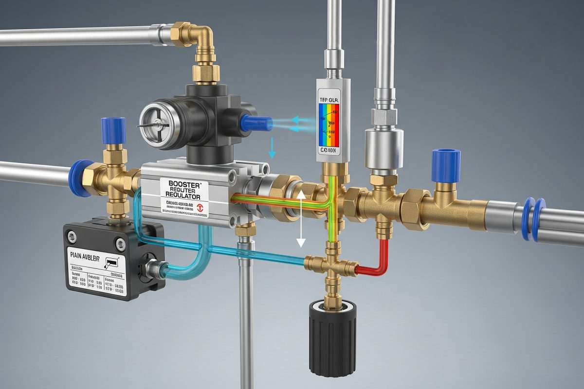 A booster regulator valve providing localized pressure boosting to a specific component that requires higher pressure than the main airline supply.