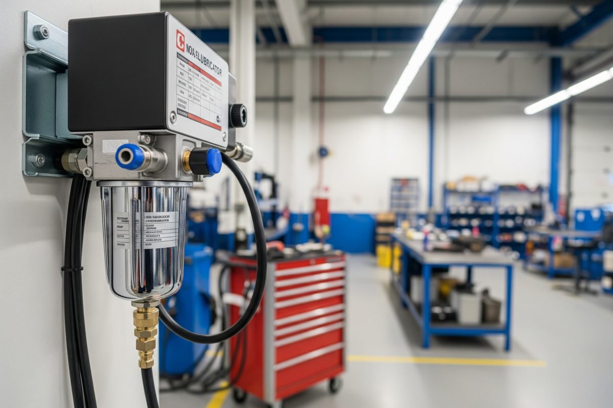 A pneumatic filter-lubricator unit in a maintenance and repair workshop, providing conditioned air for various air tools and equipment.