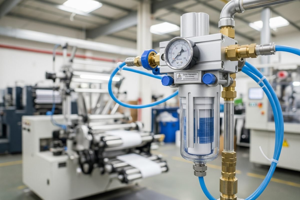 Un filtre-régulateur pneumatique protégeant les systèmes pneumatiques de divers équipements de fabrication, tels que les machines d'emballage, les presses d'imprimerie et les machines textiles.