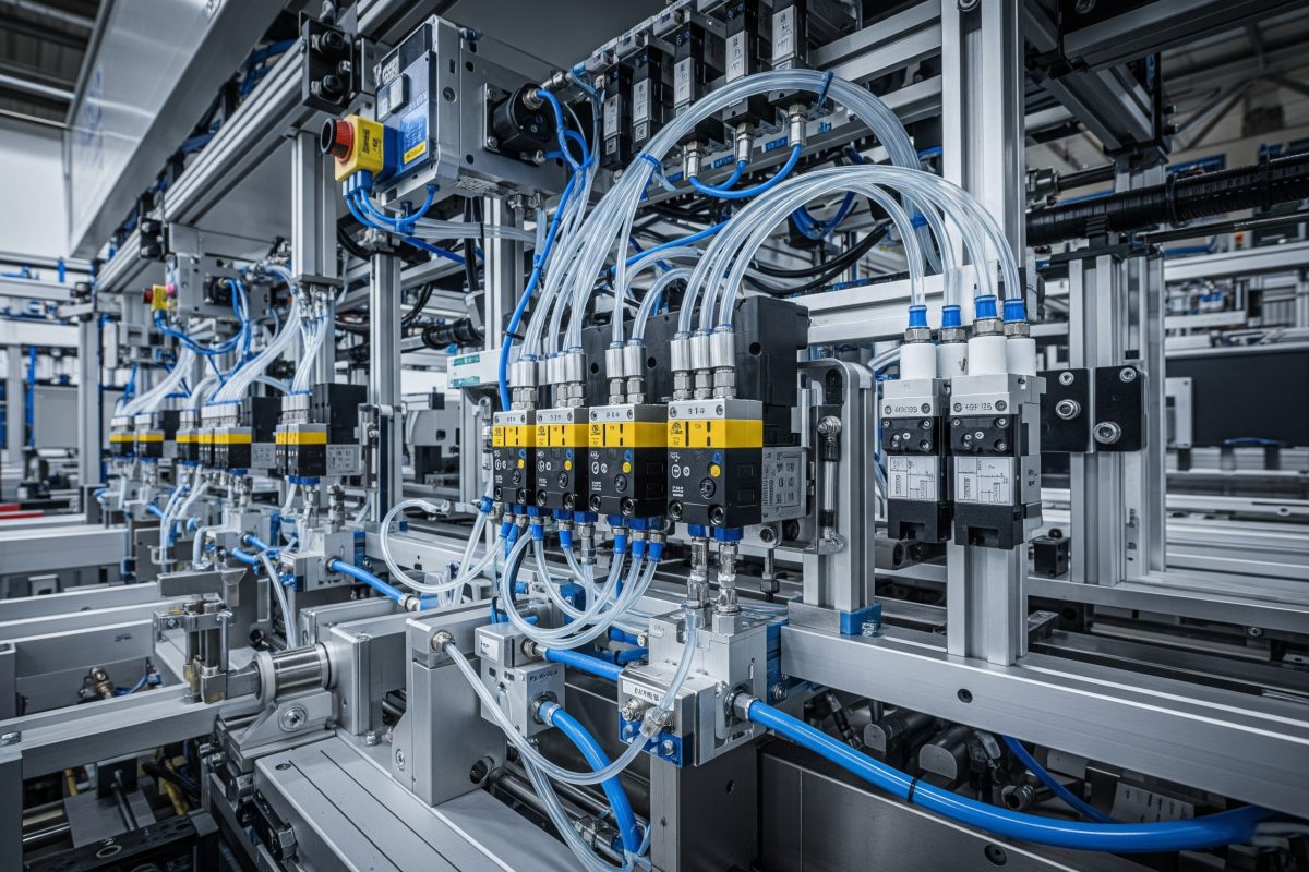 Solenoidni ventili koji upravljaju pneumatskim sistemima za sortiranje, preusmjeravanje i rukovanje materijalom na automatizovanoj proizvodnoj liniji.