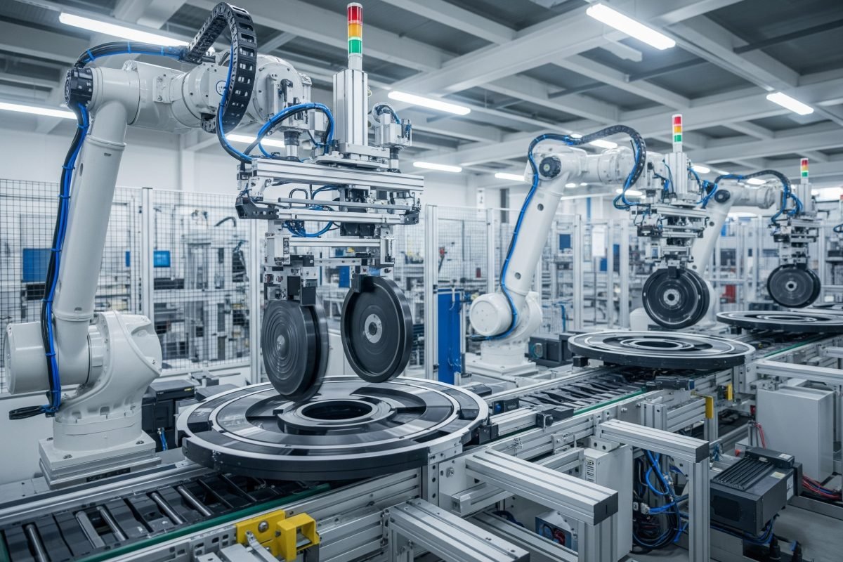 Drehantriebe, die präzise 90/180-Grad-Wendungen von Werkstücken zur Materialumleitung und -sortierung in einer automatisierten Produktionslinie durchführen.