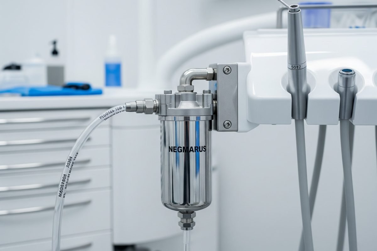 A medical-grade pneumatic air filter supplying clean, dry air for dental tools, respiratory devices, and other medical applications.