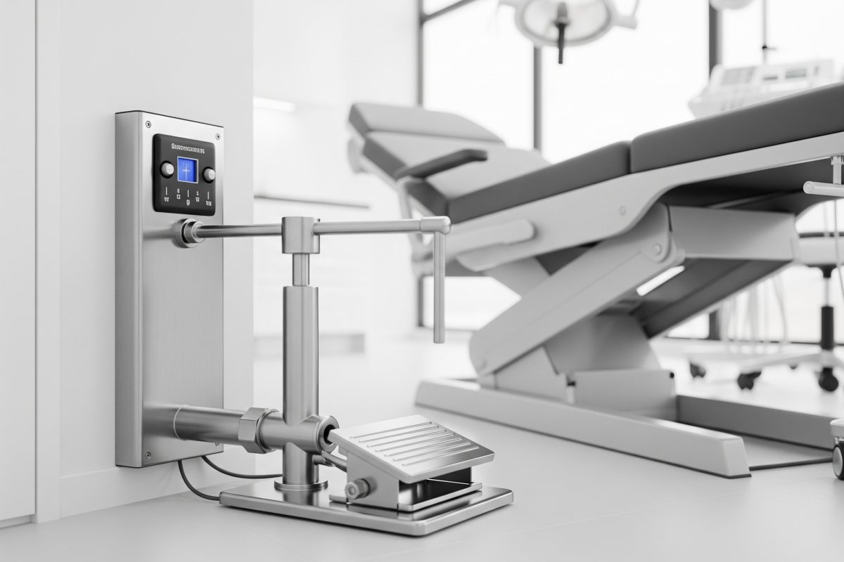 Nogom upravljani smjernički ventil u medicinskom ili stomatološkom okruženju, koji omogućava upravljanje bez upotrebe ruku za opremu poput stolica za pacijente i stolova za pregled.