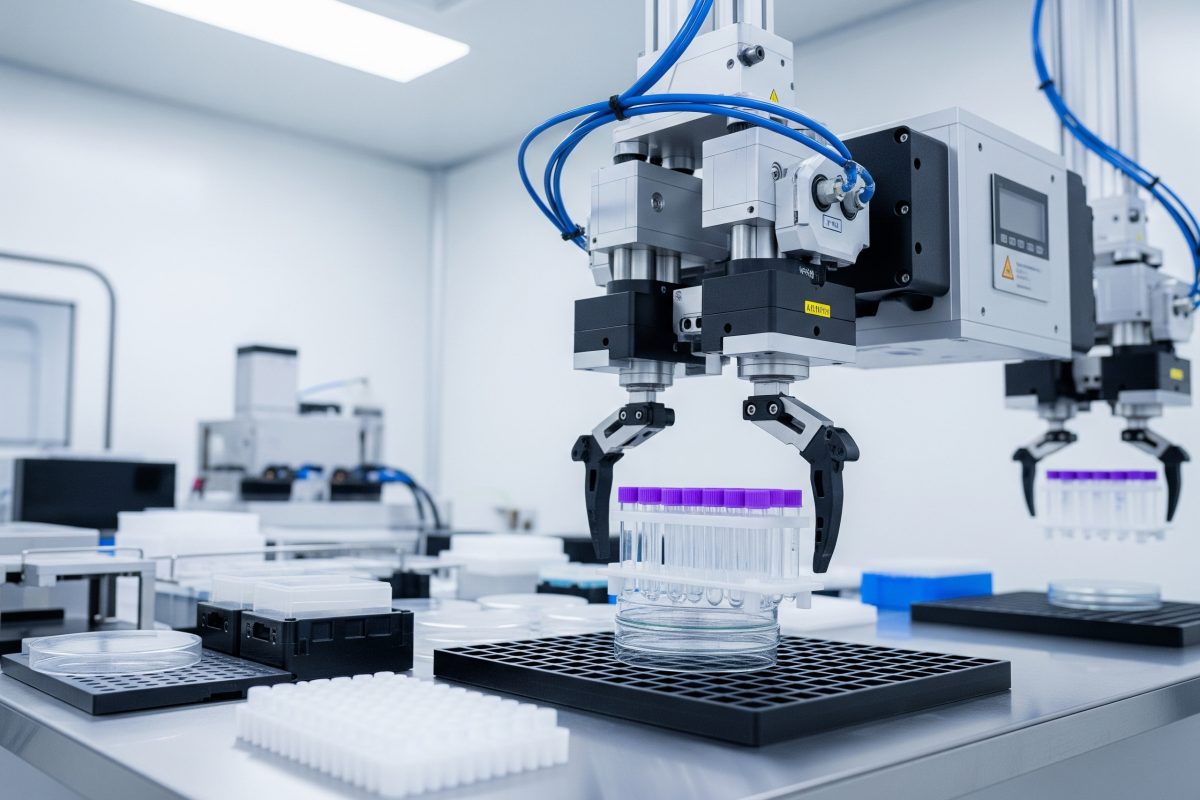 Pneumatic grippers on an automated laboratory system carefully handling test tubes and petri dishes for sample processing in a sterile medical environment.