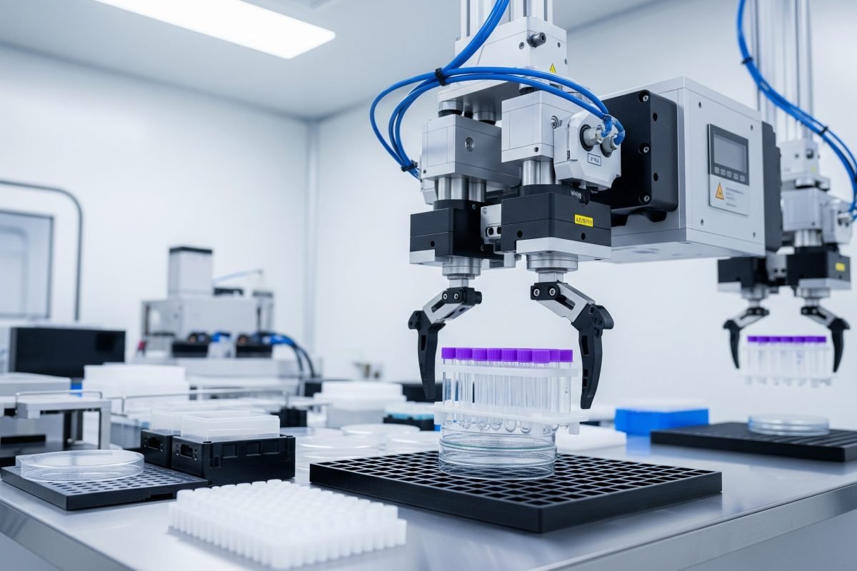 Pneumatic grippers on an automated laboratory system carefully handling test tubes and petri dishes for sample processing in a sterile medical environment.