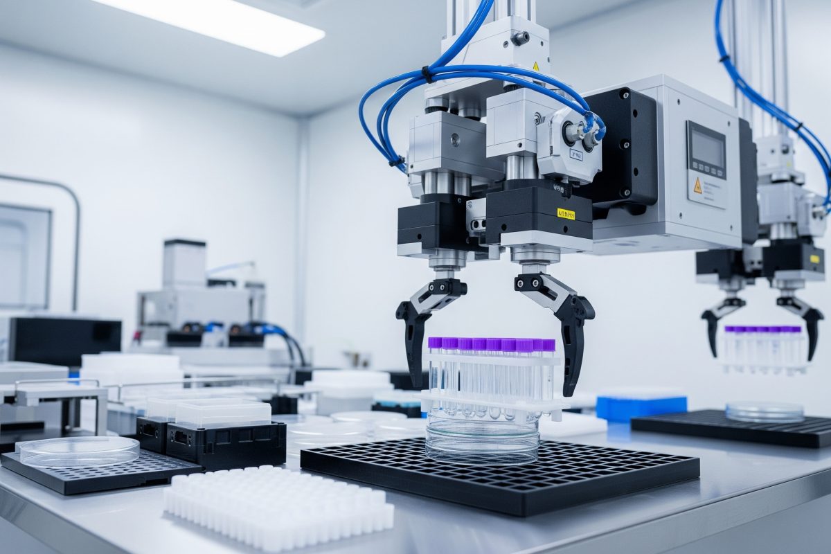 Pneumatski hvatovi na automatiziranom laboratorijskom sistemu pažljivo rukuju epruvetama i Petrijevim zdjelicama za obradu uzoraka u sterilnom medicinskom okruženju.