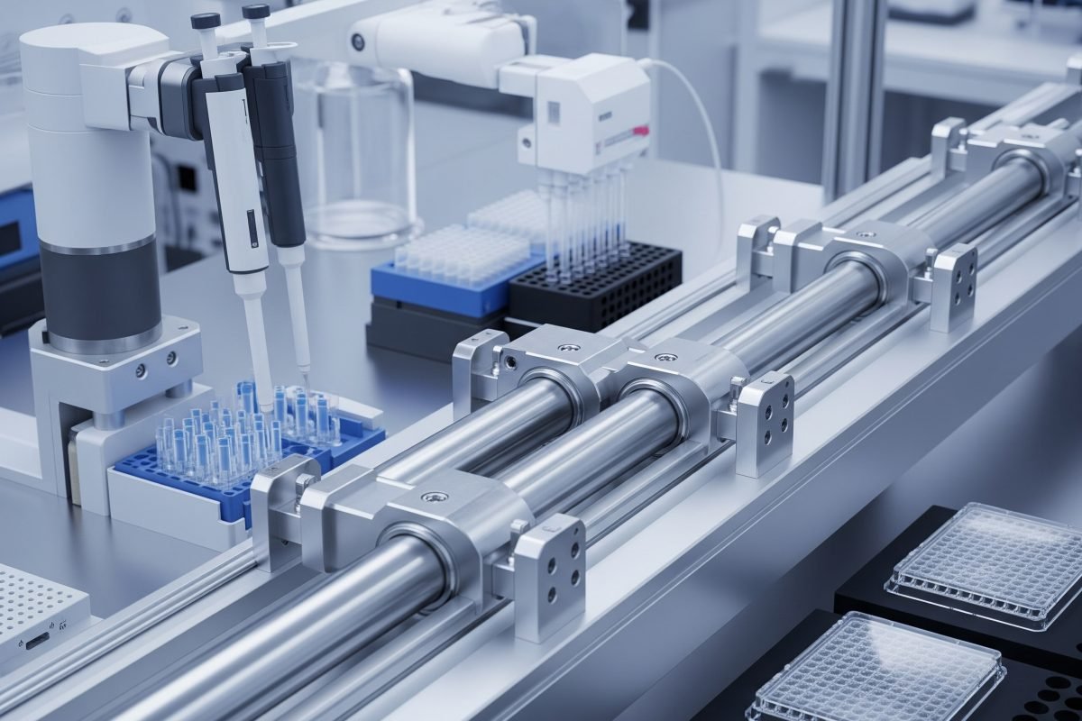 Cilindri di scorrimento che consentono un controllo preciso del movimento per la manipolazione di campioni e liquidi in uno strumento medico o di laboratorio automatizzato in un ambiente sterile.