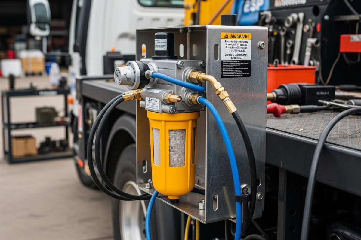A compact pneumatic filter-lubricator providing a portable air preparation solution for mobile equipment or temporary pneumatic setups.