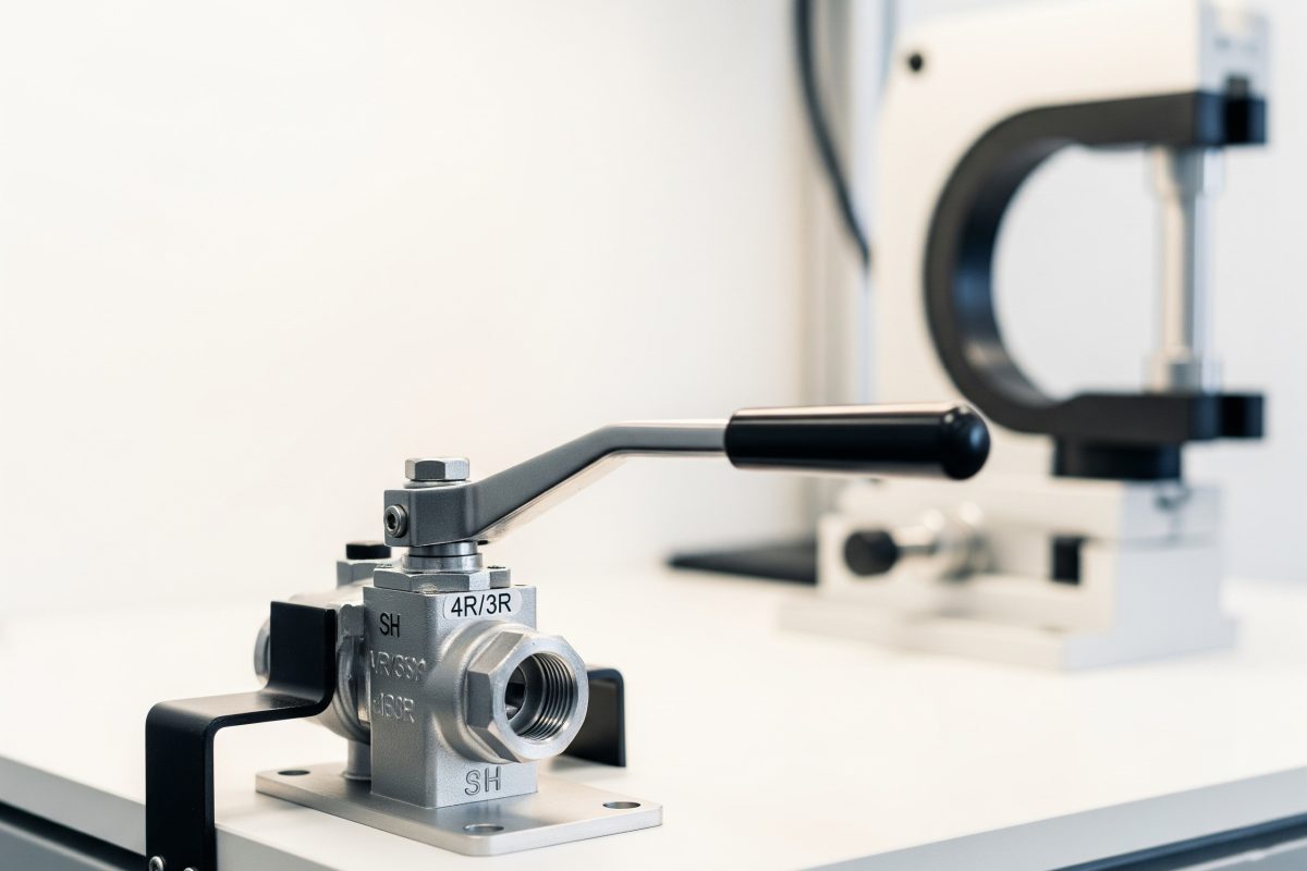 Ručni ventil s ručnom polugom (kao što su serije 4R/3R ili SH) na radnom mjestu operatera za izravnu kontrolu pneumatskih alata, stega ili preša.