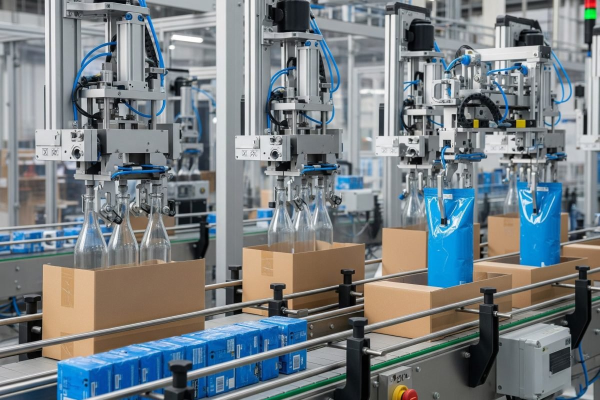 Gripper pneumatik pada jalur pengemasan otomatis yang menangani berbagai bahan pengemasan seperti kotak dan botol, yang terlibat dalam operasi pemasangan dan pengemasan kotak.