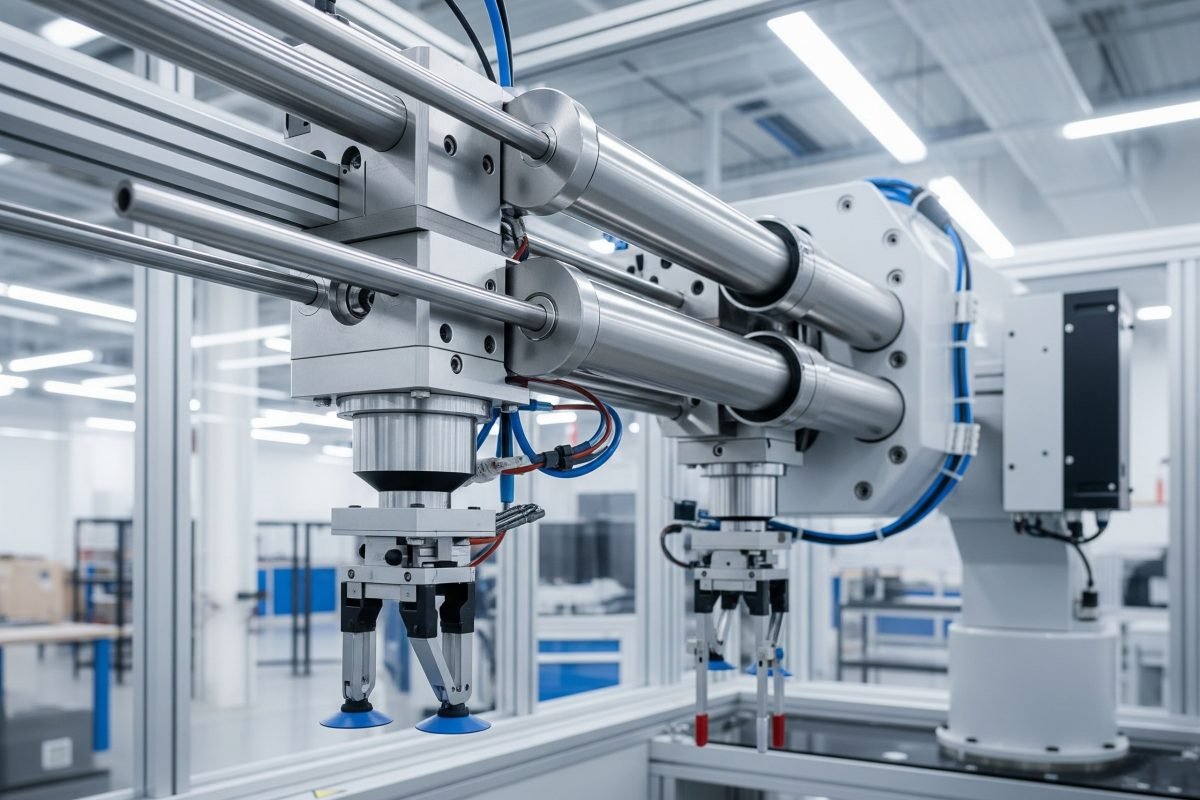 Cilindri di scorrimento con pinze in un sistema pick and place per la movimentazione rapida e precisa di piccoli materiali in una linea industriale automatizzata.