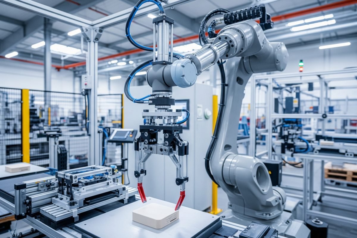 Double rod cylinders providing stable, non-rotating linear motion for a robotic arm in an industrial pick and place unit.