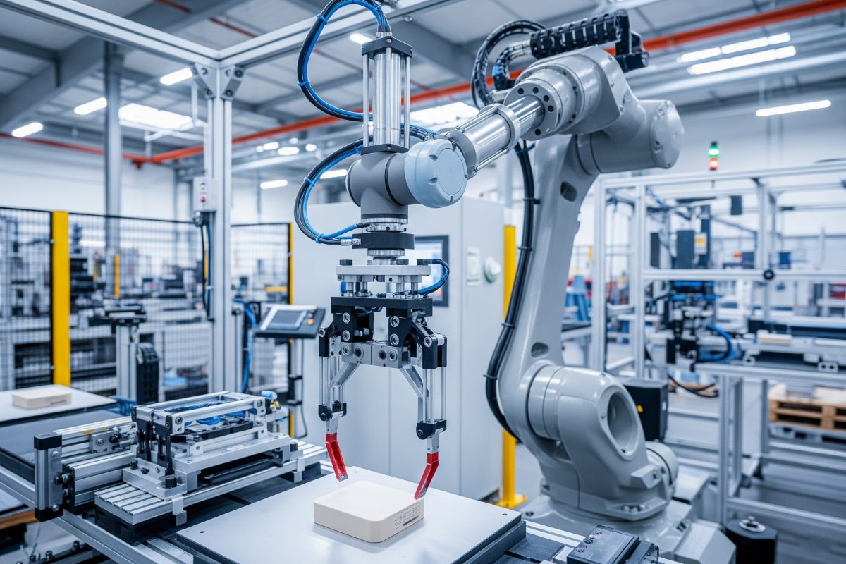 Cilindros de doble vástago que proporcionan un movimiento lineal estable y no giratorio para un brazo robótico en una unidad industrial de pick and place.