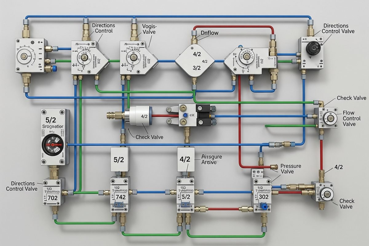 Supape de control al aerului utilizate pentru a construi un circuit logic pur pneumatic pentru a efectua secvențe specifice sau funcții logice fără electricitate.