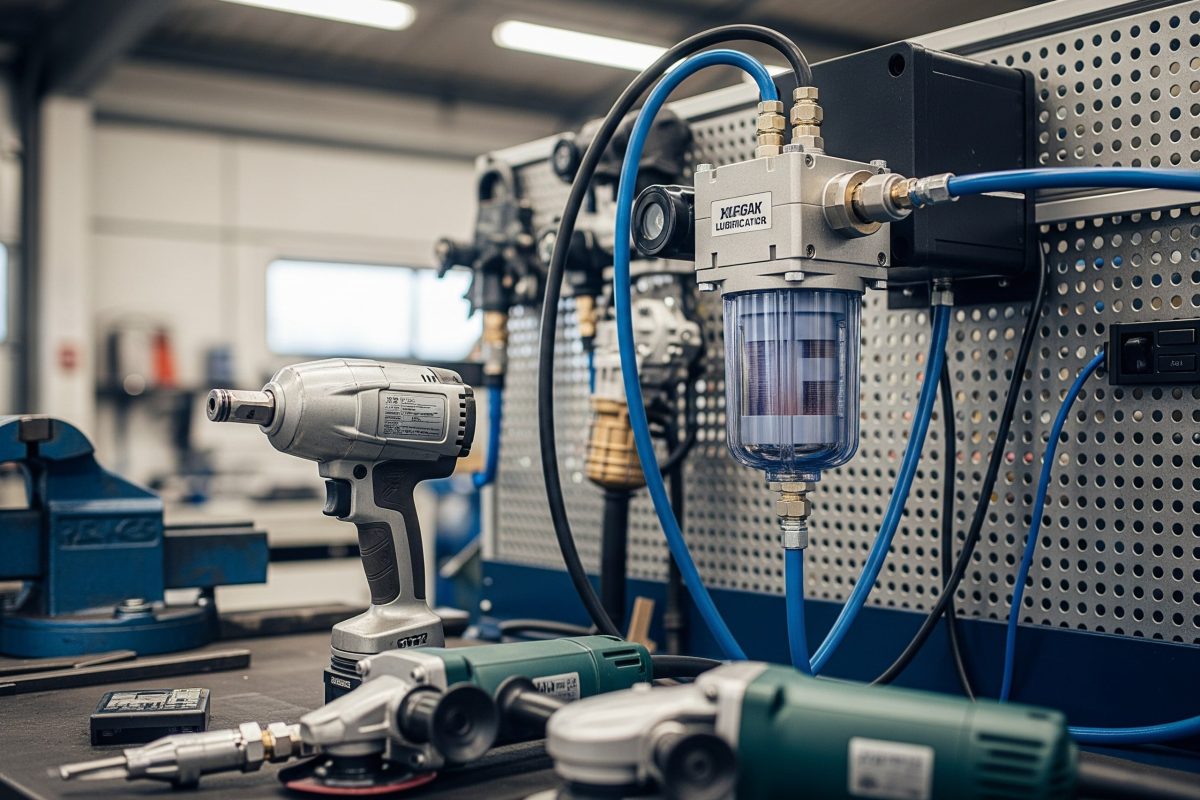 A pneumatic filter-lubricator unit on an air line, protecting and lubricating air-powered tools like impact wrenches, grinders, and nail guns.