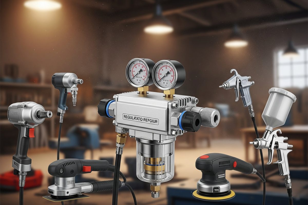 A pneumatic filter-regulator providing clean, regulated air to power pneumatic tools like impact wrenches, grinders, sanders, and spray guns for optimal performance.