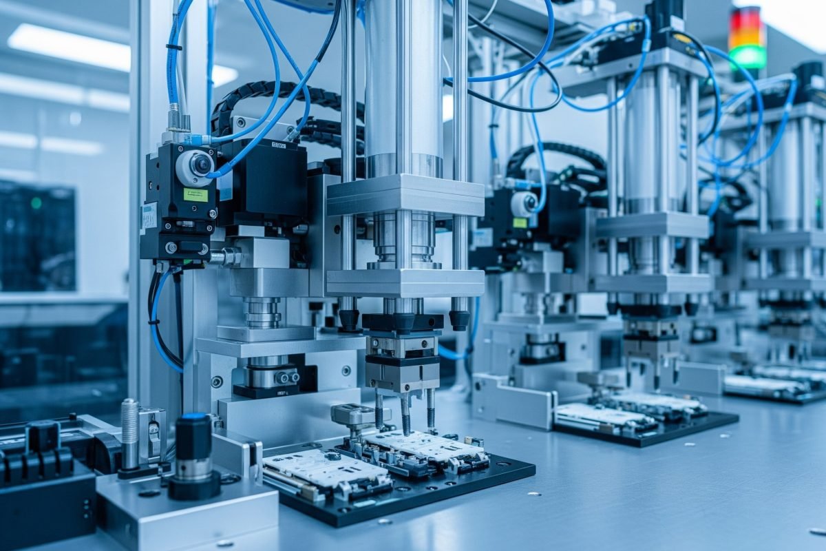 Cilindri di scorrimento in un ambiente di produzione ad alta tecnologia, per allineare e pressare con precisione piccoli componenti elettronici durante un'operazione di assemblaggio automatizzata.