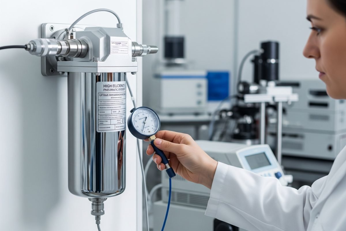 A pneumatic air filter ensuring clean, contaminant-free air for sensitive measuring devices, laboratory equipment, and analytical instruments.