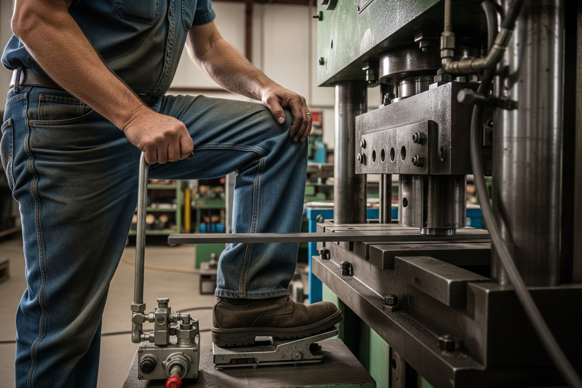 Nogom upravljani smjernički ventil koji omogućava operateru da upravlja prešom ili škarama, držeći ruke slobodnima za rukovanje materijalom tokom operacija utiskivanja ili rezanja.