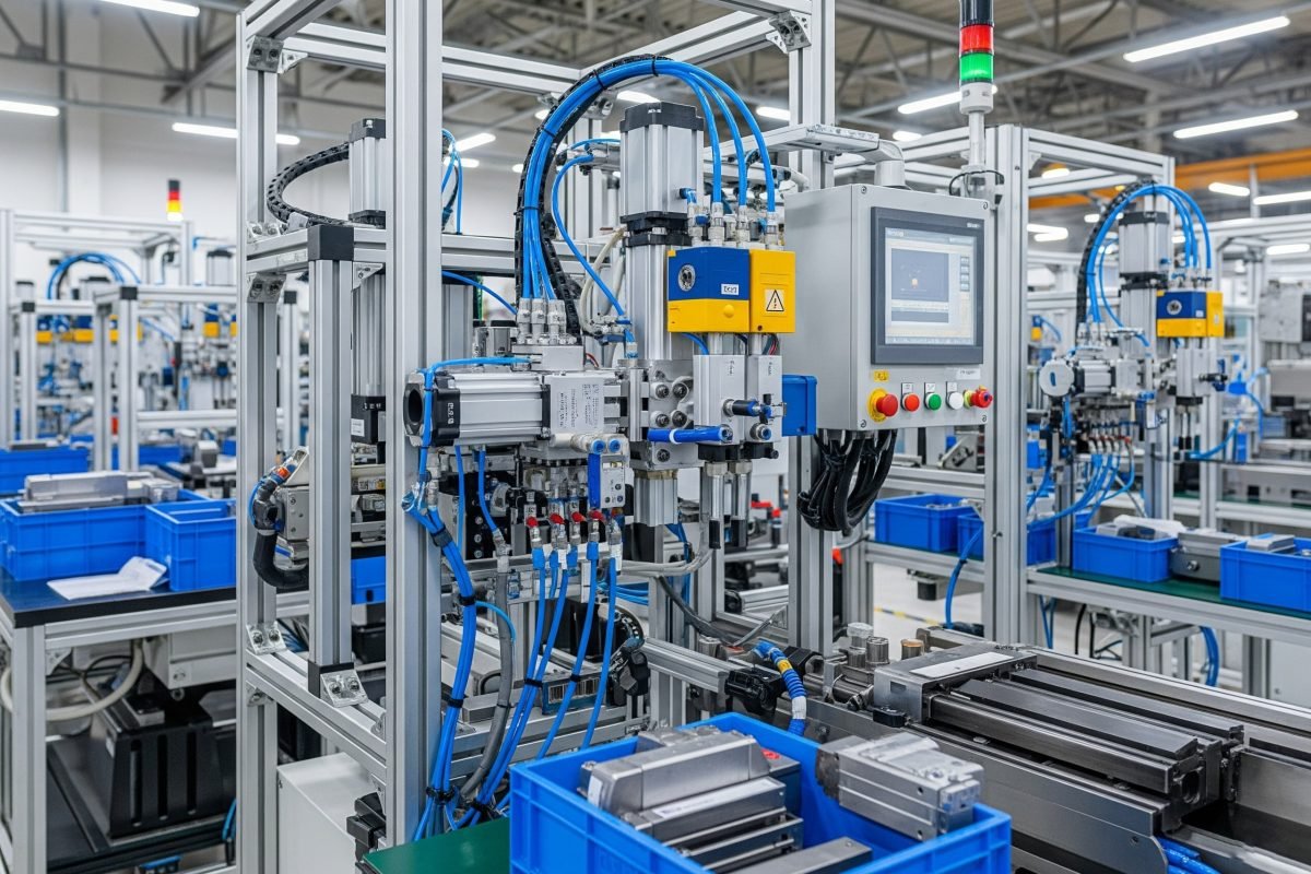 Supape de control al aerului într-un sistem de automatizare a proceselor, care controlează actuatoarele pneumatice pentru sortare, deviere, strângere și alte sarcini de producție automată.