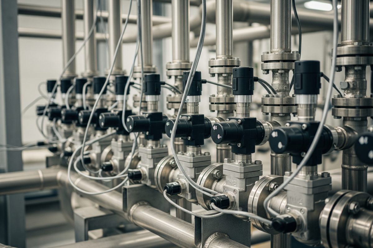 Solenoidni ventili koji regulišu protok zraka za kontrolu procesa u industrijskom postrojenju, kao što su postrojenja za preradu hemikalija, prečišćavanje vode ili proizvodnju električne energije.