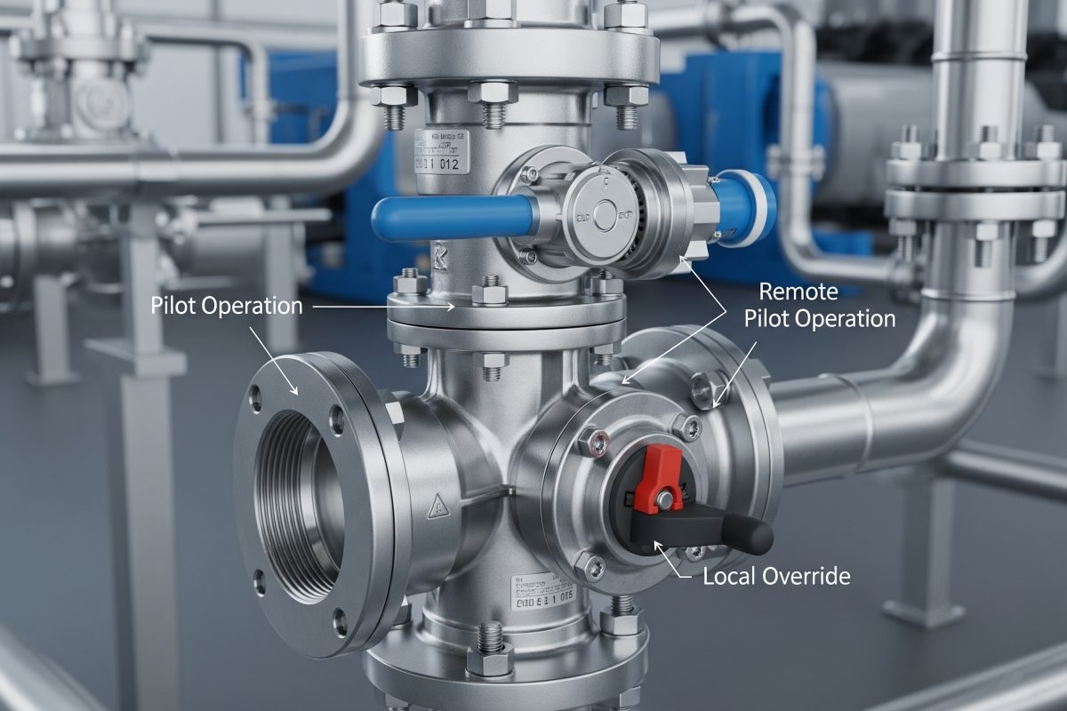 Ventil za kontrolu zraka koji omogućava pilot-operaciju za daljinsko aktiviranje i funkciju ručnog premošćivanja za praktičnu lokalnu kontrolu unutar industrijskog sistema.