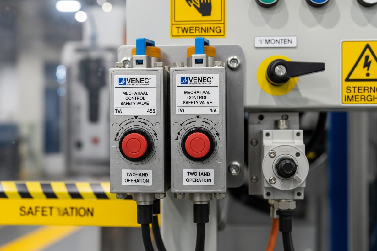 機械按鈕控制閥用於雙手控制安全互鎖迴路，確保操作員的雙手安全地離開機器的操作區域。