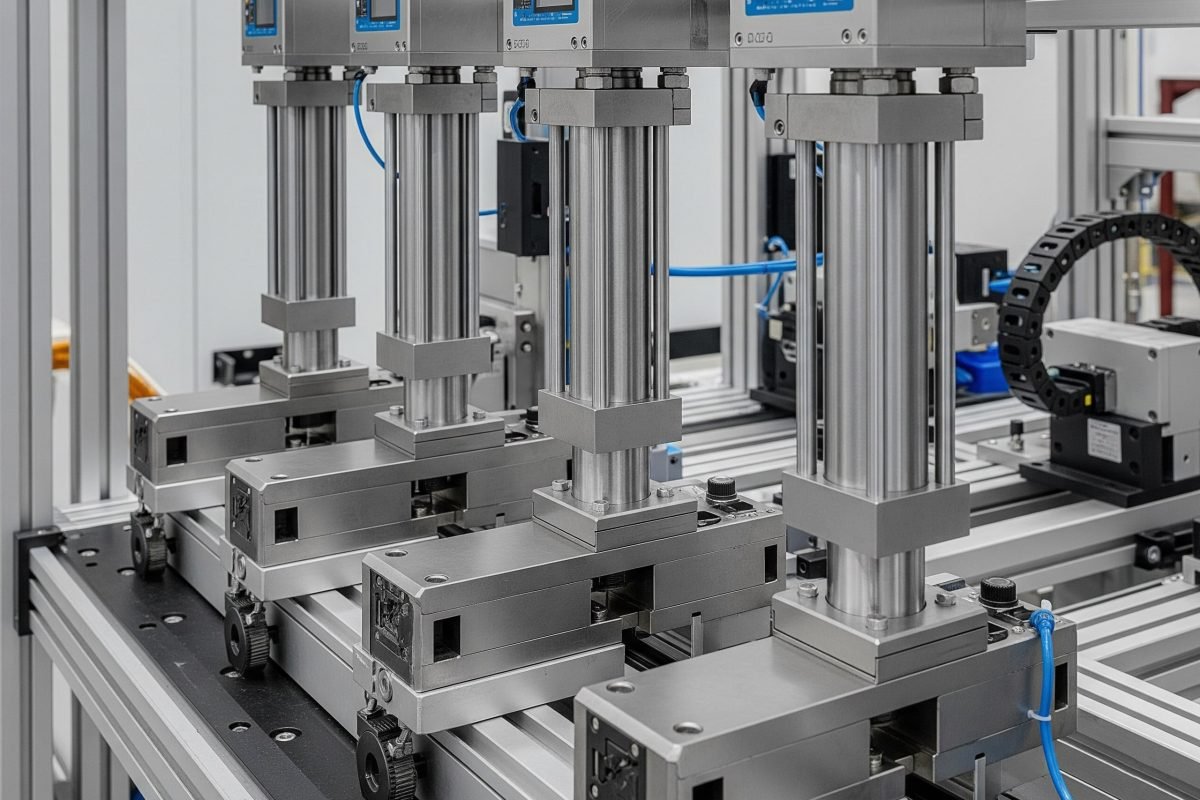 Cilindri di scorrimento che consentono il trasporto e il posizionamento ad alta precisione e a breve distanza di pezzi di piccole dimensioni in un ambiente di automazione industriale ristretto.