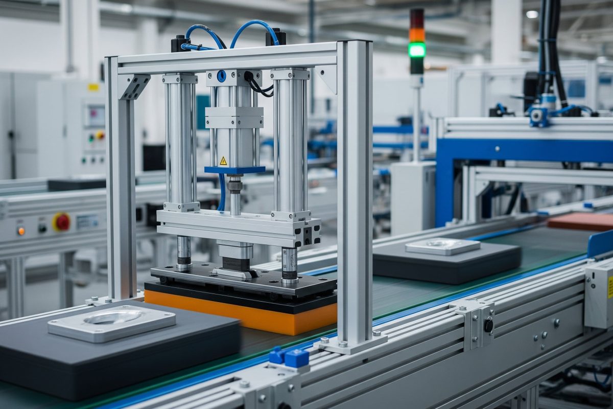 Pneumatski cilindri s čepovima u radu na automatiziranoj transportnoj traci, kontroliraju protok radnih komada, razdvajaju predmete i zaustavljaju palete na indeksnim stanicama.