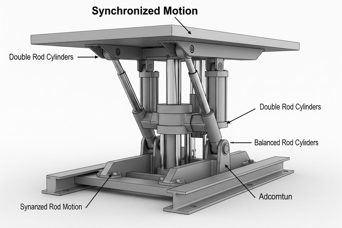 Double rod cylinders in a synchronized motion system, actuating two points simultaneously with balanced force to lift a platform.