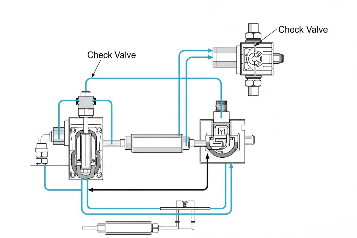 Valves for system safety and protection, showing a check valve preventing backflow and a quick exhaust valve for rapid depressurization in a pneumatic circuit.