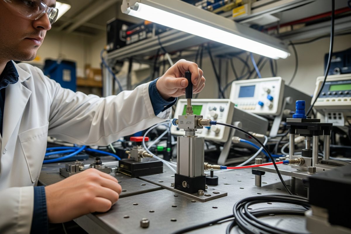 Ručni ventil na ispitnoj klupi ili stezi, koji se koristi za ručno upravljanje dovodom zraka za ispitivanje pneumatskih komponenti ili za pogon stege.