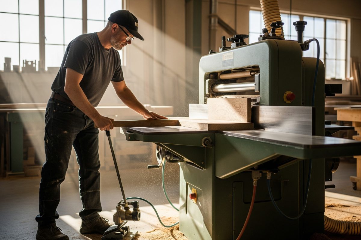 Operator u tekstilnoj ili drvoprerađivačkoj radionici koristi nožnim pedalom upravljani smjerovni ventil za kontrolu mašine, ostavljajući ruke slobodnim za vođenje materijala.
