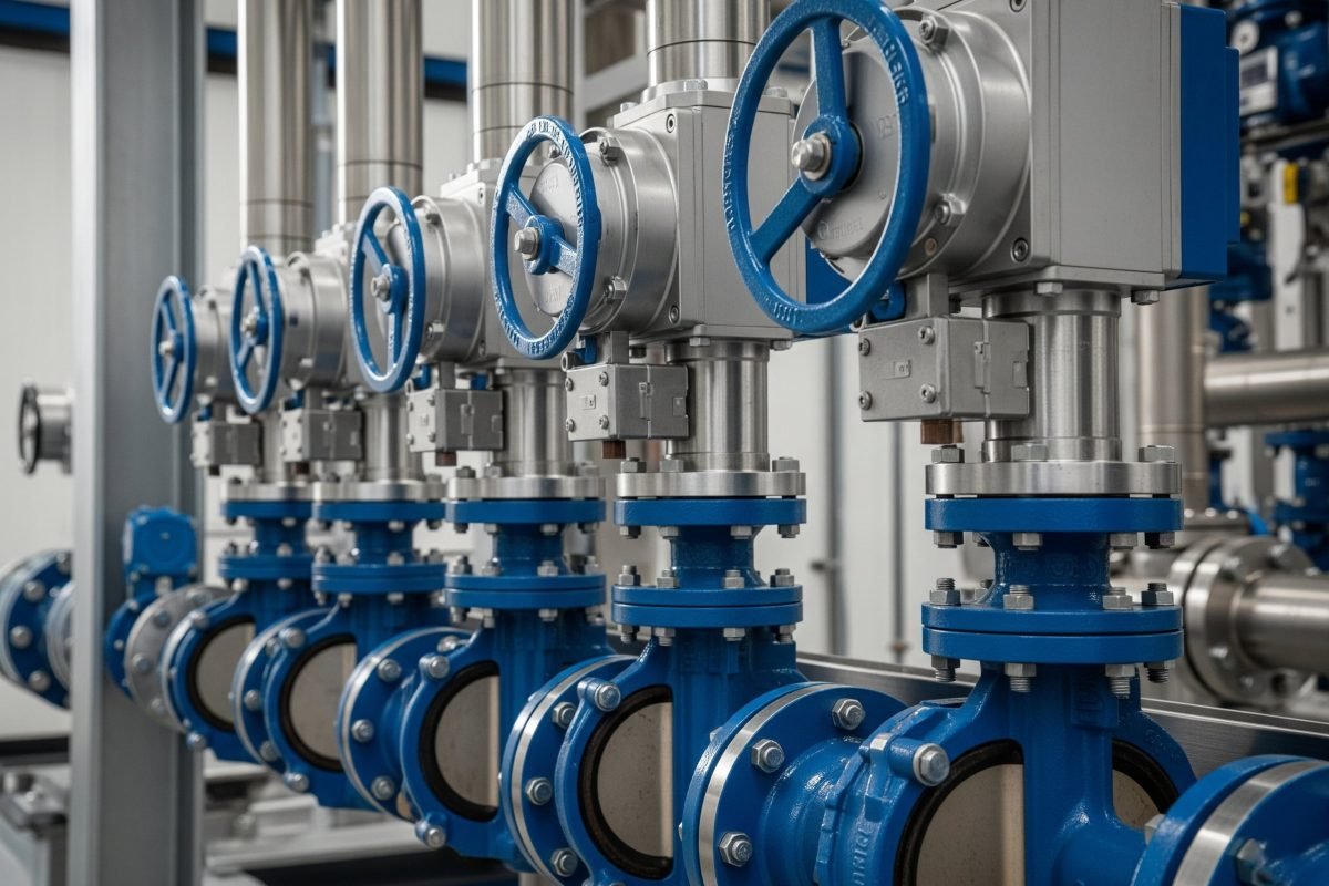Drehantriebe treiben Kugelhähne und Absperrklappen für Öffnungs- und Schließvorgänge in einem industriellen Fluidsteuerungssystem präzise an.